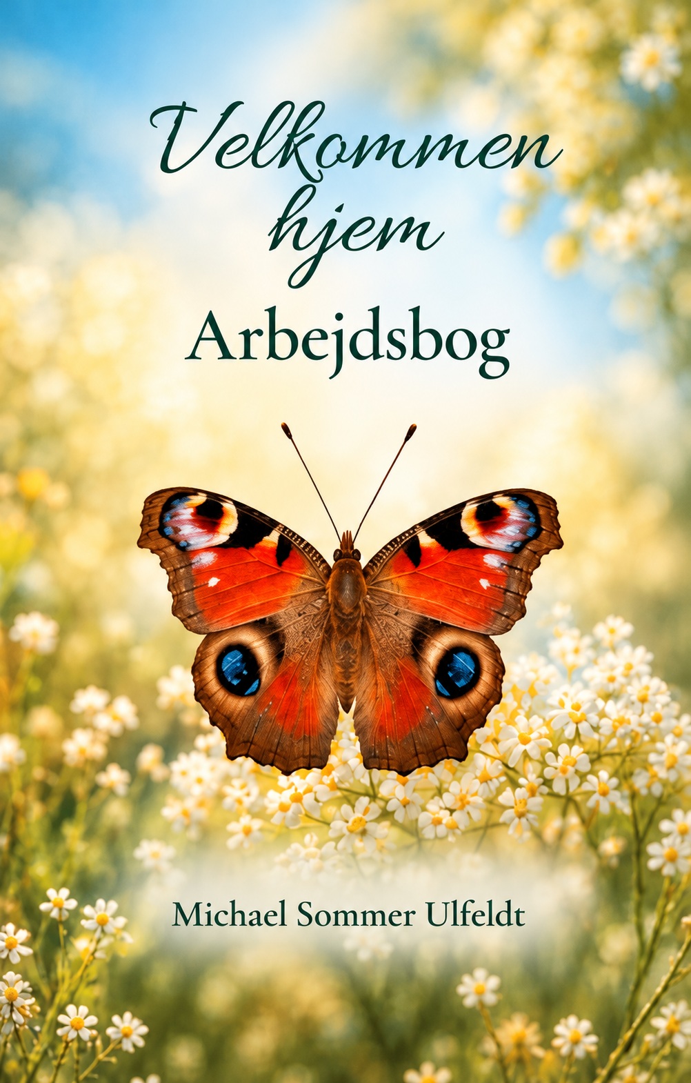 Velkommen Hjem – arbejdsbog af Michael Sommer Ulfeldt, med sommerfugl, blomster og undertitlen Arbejdsbog