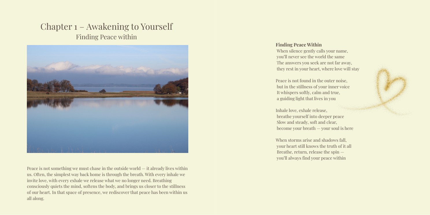 A wide spread from Whispers of Your Soul with a nature photograph on the left and the poem Finding Peace Within on the right